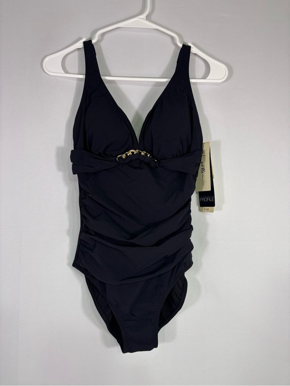NWT Profile Gottex Black One Piece Swimsuit D Cup Ruched Gold Size 8D 1303